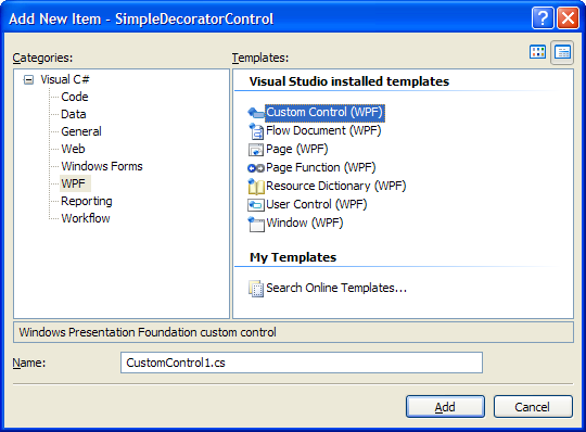 Adding custom WPF control in Visual Studio